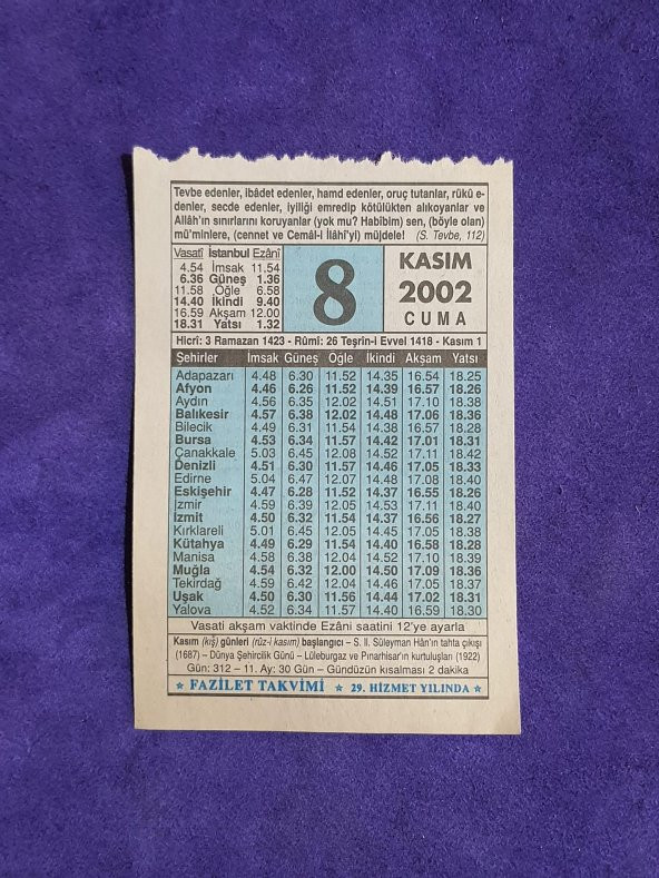 8 Kasım 2002 Takvim Yaprağı - Nostalji Koleksiyonluk Takvim Yaprağı ürün görseli