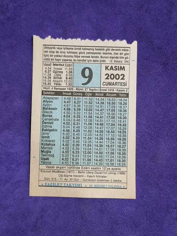 9 Kasım 2002 Takvim Yaprağı - Nostalji Koleksiyonluk Takvim Yaprağı ürün görseli