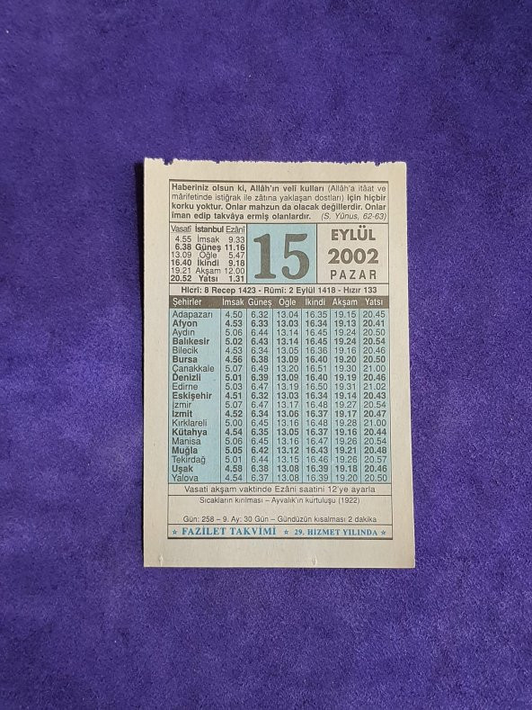 15 Eylül 2002 Takvim Yaprağı - Nostalji Koleksiyonluk Takvim Yaprağı ürün görseli