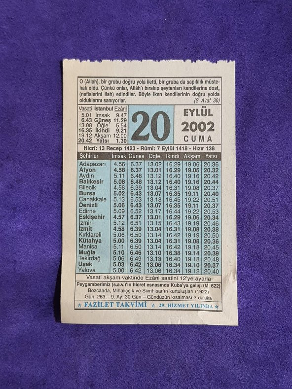 20 Eylül 2002 Takvim Yaprağı - Nostalji Koleksiyonluk Takvim Yaprağı ürün görseli
