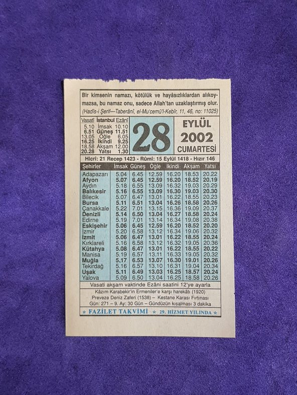 28 Eylül 2002 Takvim Yaprağı - Nostalji Koleksiyonluk Takvim Yaprağı ürün görseli