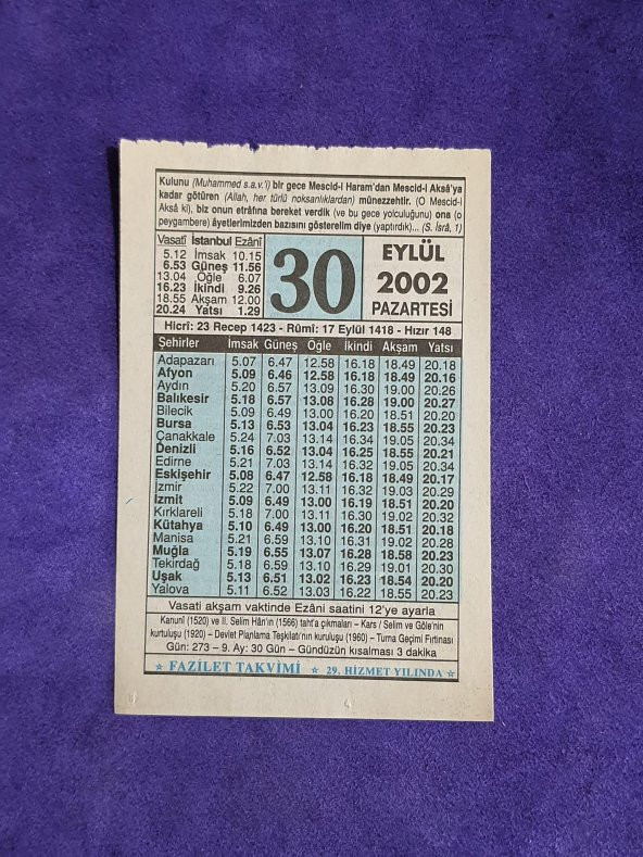 30 Eylül 2002 Takvim Yaprağı - Nostalji Koleksiyonluk Takvim Yaprağı ürün görseli