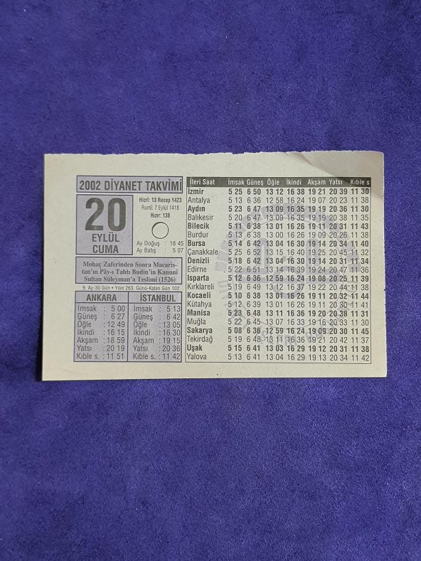 20 Eylül 2002 Takvim Yaprağı - Nostalji Koleksiyonluk Takvim Yaprağı A ürün görseli