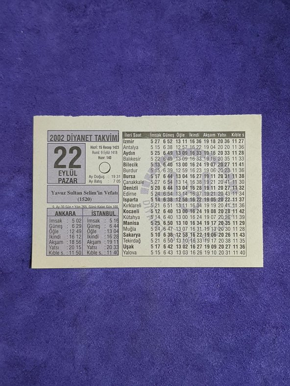 22 Eylül 2002 Takvim Yaprağı - Nostalji Koleksiyonluk Takvim Yaprağı A