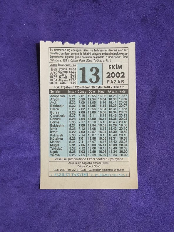 13 Ekim 2002 Takvim Yaprağı - Nostalji Koleksiyonluk Takvim Yaprağı ürün görseli