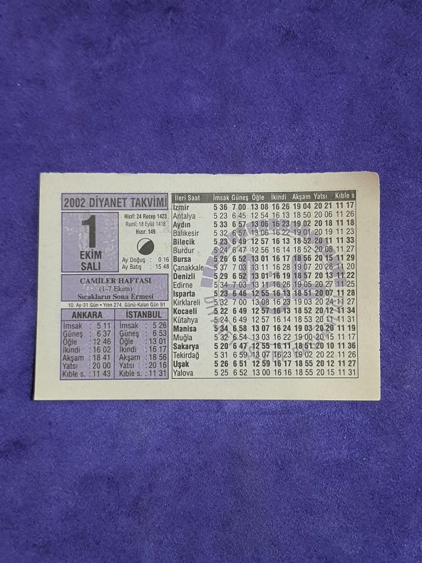 1 Ekim 2002 Takvim Yaprağı - Nostalji Koleksiyonluk Takvim Yaprağı A ürün görseli