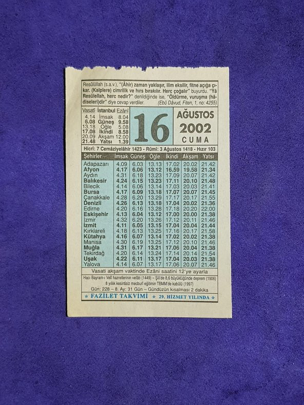 16 Ağustos 2002 Takvim Yaprağı - Nostalji Koleksiyonluk Takvim Yaprağı ürün görseli