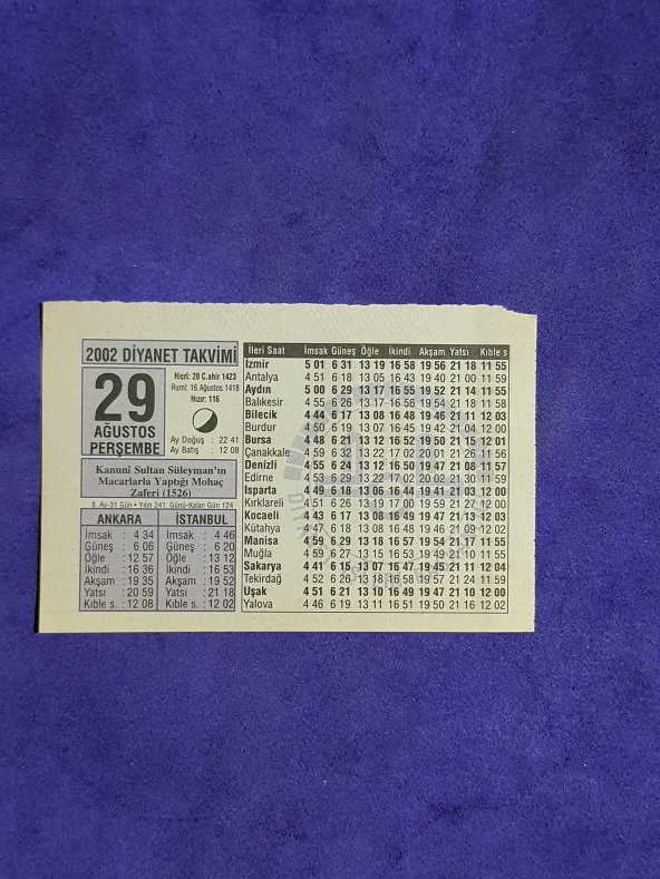 29 Ağustos 2002 Takvim Yaprağı - Nostalji Koleksiyonluk Takvim Yaprağı A