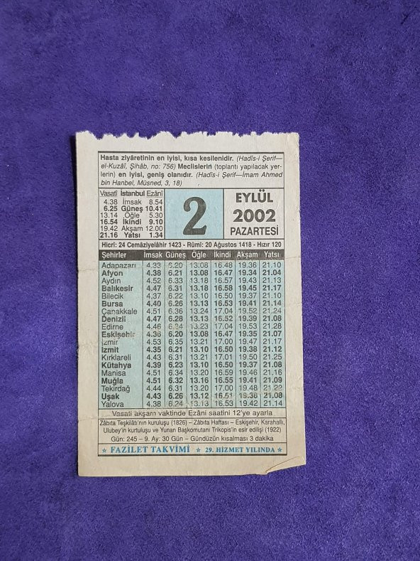2 Eylül 2002 Takvim Yaprağı - Nostalji Koleksiyonluk Takvim Yaprağı ürün görseli