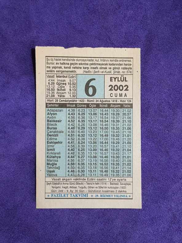 6 Eylül 2002 Takvim Yaprağı - Nostalji Koleksiyonluk Takvim Yaprağı ürün görseli