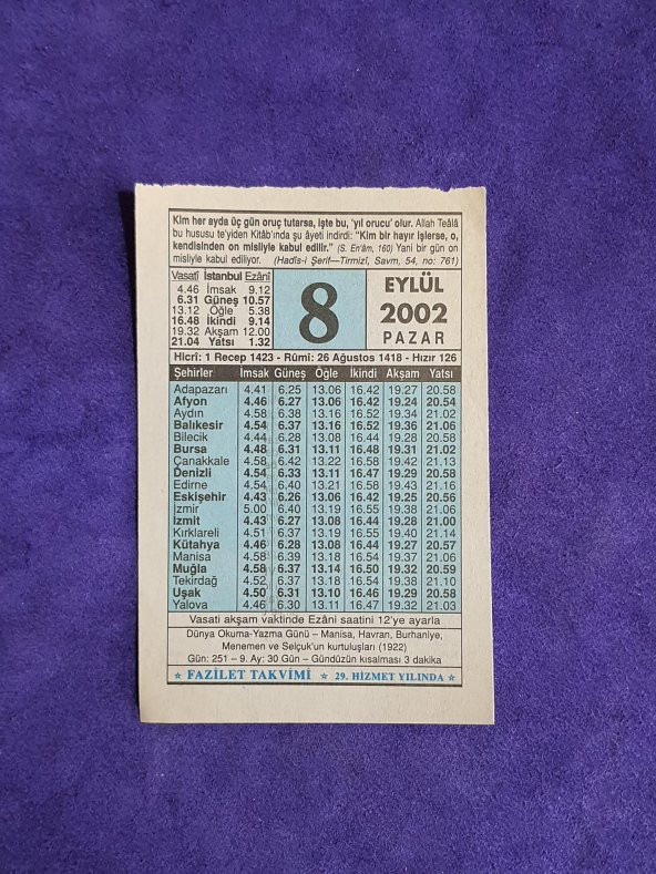 8 Eylül 2002 Takvim Yaprağı - Nostalji Koleksiyonluk Takvim Yaprağı ürün görseli