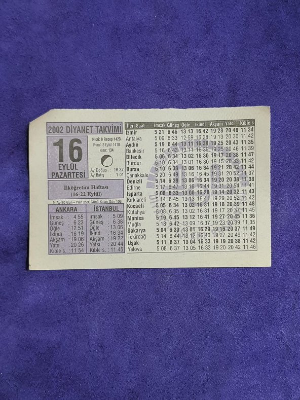 16 Eylül 2002 Takvim Yaprağı - Nostalji Koleksiyonluk Takvim Yaprağı A ürün görseli