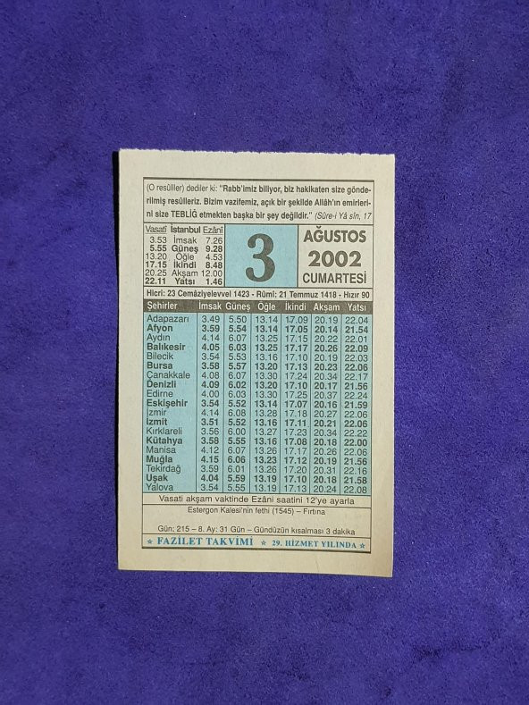 3 Ağustos 2002 Takvim Yaprağı - Nostalji Koleksiyonluk Takvim Yaprağı ürün görseli