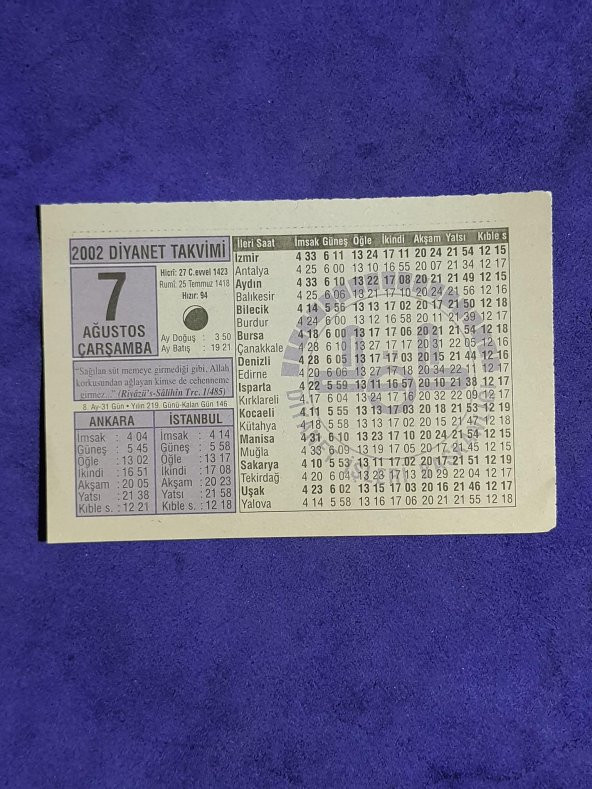 7 Ağustos 2002 Takvim Yaprağı - Nostalji Koleksiyonluk Takvim Yaprağı A ürün görseli