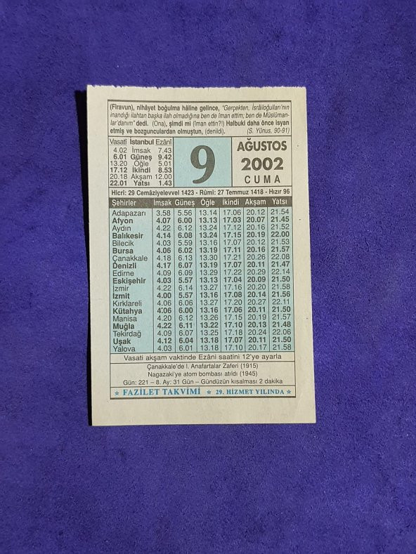 9 Ağustos 2002 Takvim Yaprağı - Nostalji Koleksiyonluk Takvim Yaprağı ürün görseli