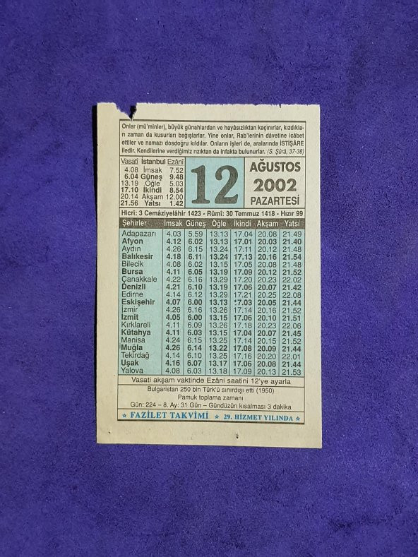12 Ağustos 2002 Takvim Yaprağı - Nostalji Koleksiyonluk Takvim Yaprağı ürün görseli