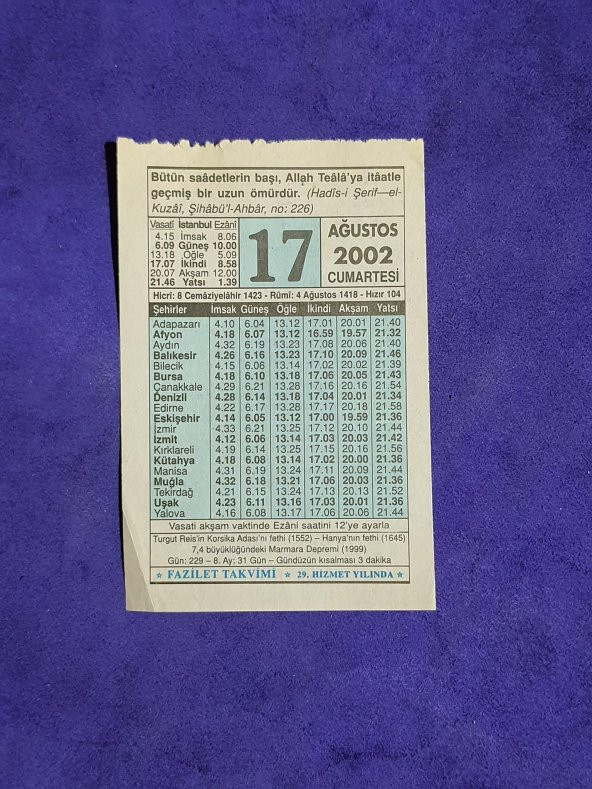 17 Ağustos 2002 Takvim Yaprağı - Nostalji Koleksiyonluk Takvim Yaprağı ürün görseli