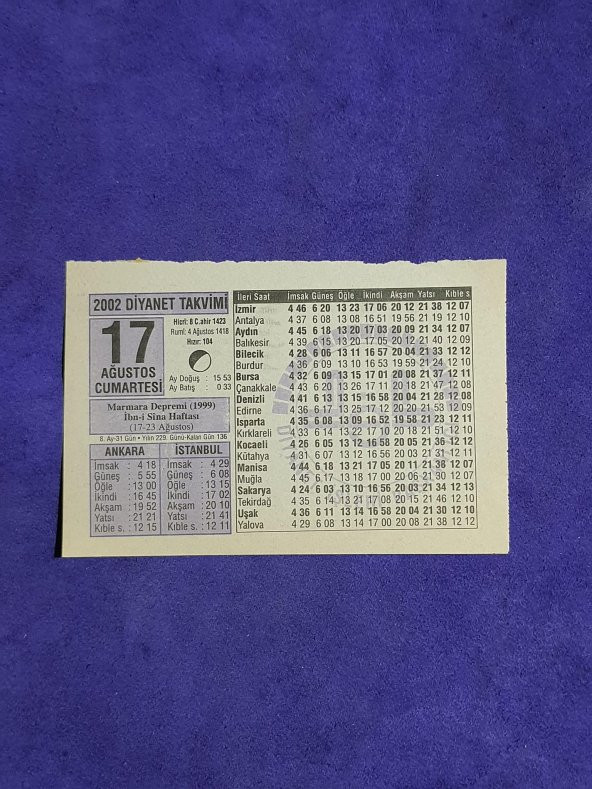 17 Ağustos 2002 Takvim Yaprağı - Nostalji Koleksiyonluk Takvim Yaprağı A ürün görseli