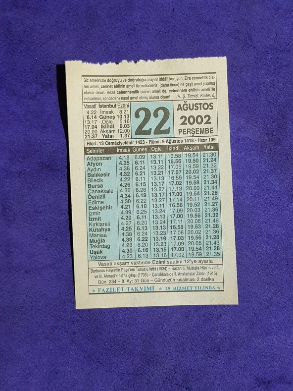 22 Ağustos 2002 Takvim Yaprağı - Nostalji Koleksiyonluk Takvim Yaprağı ürün görseli