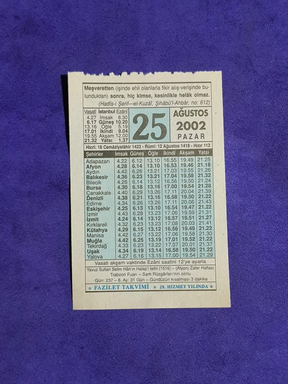 25 Ağustos 2002 Takvim Yaprağı - Nostalji Koleksiyonluk Takvim Yaprağı ürün görseli