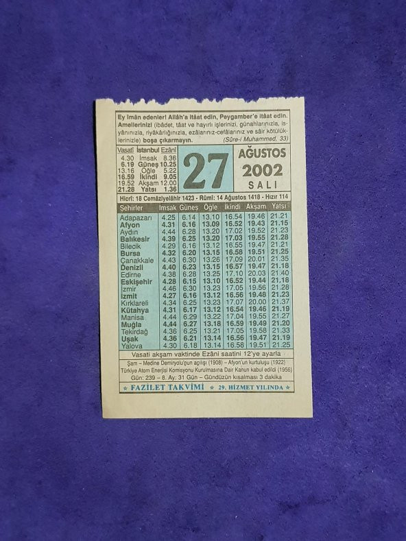 27 Ağustos 2002 Takvim Yaprağı - Nostalji Koleksiyonluk Takvim Yaprağı ürün görseli