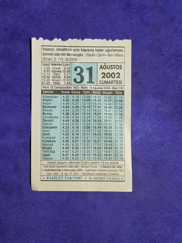 31 Ağustos 2002 Takvim Yaprağı - Nostalji Koleksiyonluk Takvim Yaprağı ürün görseli