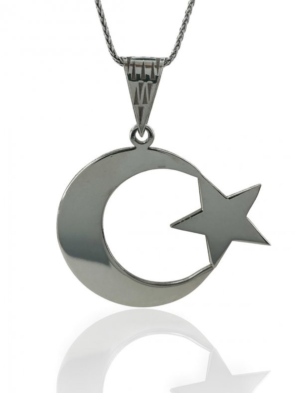925 Ayar Gümüş Büyük Ay Yıldız 60 cm Uzun Zincir Kolye - 1