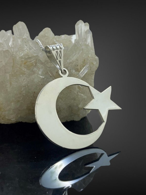 925 Ayar Gümüş Büyük Ay Yıldız 60 cm Uzun Zincir Kolye - 2