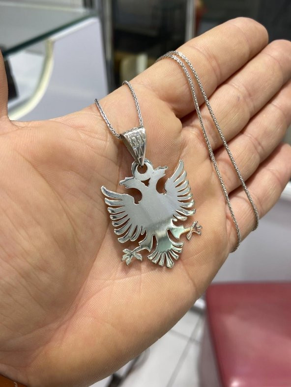 925 Ayar Gümüş Büyük Arnavut Kartalı 60 cm Uzun Zincir Kolye - 4