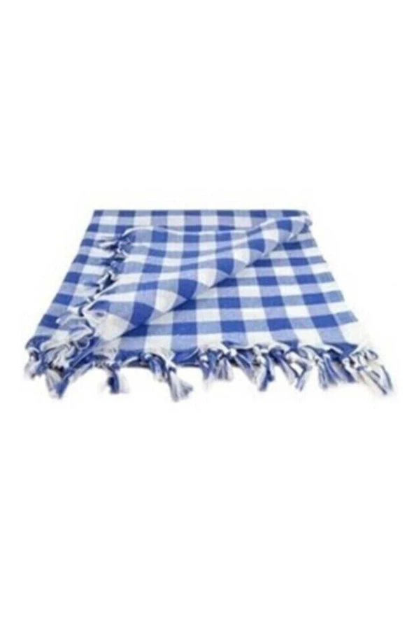 nefertiya Kareli Saçaklı Mavi Masa/piknik/sofra Örtüsü 165x170 Cm
