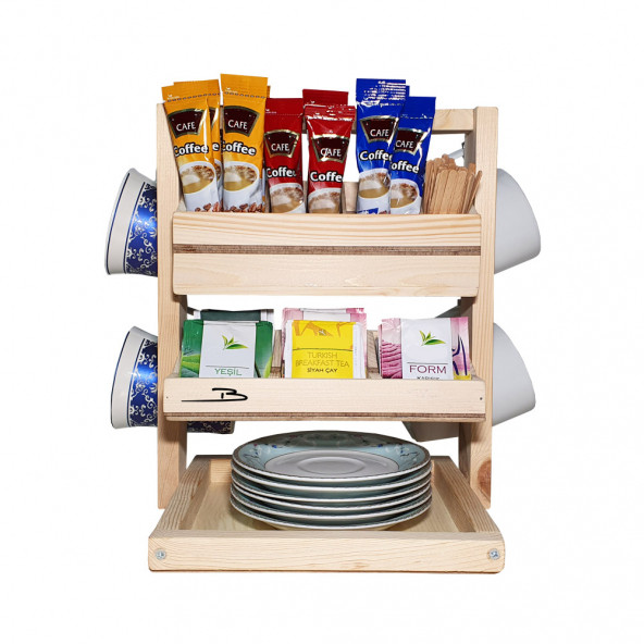 Barış Dizayn Doğal ahşap Poşet Çay Nescafe 3ü1 Arada standlı iki katlı masa askısı Fincanlık Kupa askısı - 2