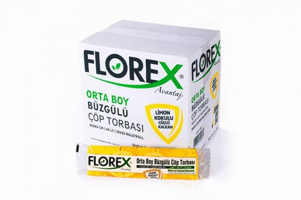 Florex 40 Litre Büzgülü Limon Kokulu Sarı Çöp Torbası Poşeti / 55 x 60 Cm. - 10x25 Rulo / Koli