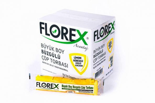 Florex 60 Litre Büzgülü Limon Kokulu Sarı Çöp Torbası Poşeti / 65 x 70 Cm. - 10x25 Rulo / Koli
