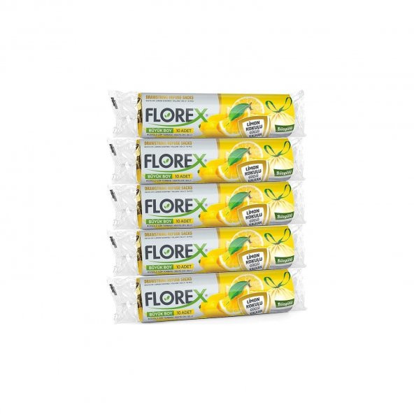 Florex 60 Litre Büzgülü Limon Kokulu Sarı Çöp Torbası Poşeti / 65 x 70 Cm. - 10 Adetlik 5 Rulo