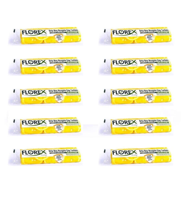 Florex 40 Litre Büzgülü Limon Kokulu Sarı Çöp Torbası Poşeti / 55 x 60 Cm. - 10 Adetlik 10 Rulo