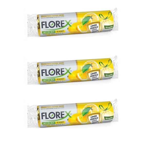 Florex 60 Litre Büzgülü Limon Kokulu Sarı Çöp Torbası Poşeti / 65 x 70 Cm. - 10 Adetlik 3 Rulo