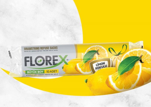 Florex 40 Litre Büzgülü Limon Kokulu Sarı Çöp Torbası Poşeti / 55 x 60 Cm. - 10 Adetlik 5 Rulo - 5
