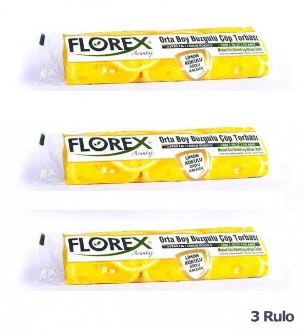 Florex 40 Litre Büzgülü Limon Kokulu Sarı Çöp Torbası Poşeti / 55 x 60 Cm. - 10 Adetlik 3 Rulo - 2