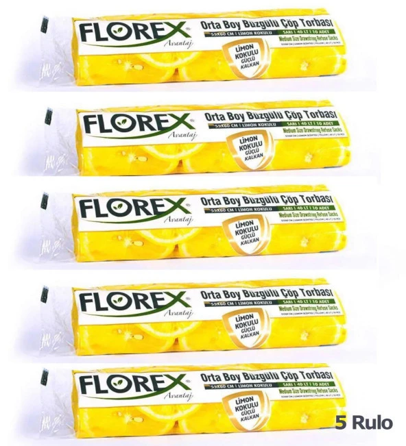 Florex 40 Litre Büzgülü Limon Kokulu Sarı Çöp Torbası Poşeti / 55 x 60 Cm. - 10 Adetlik 5 Rulo - Resim 2