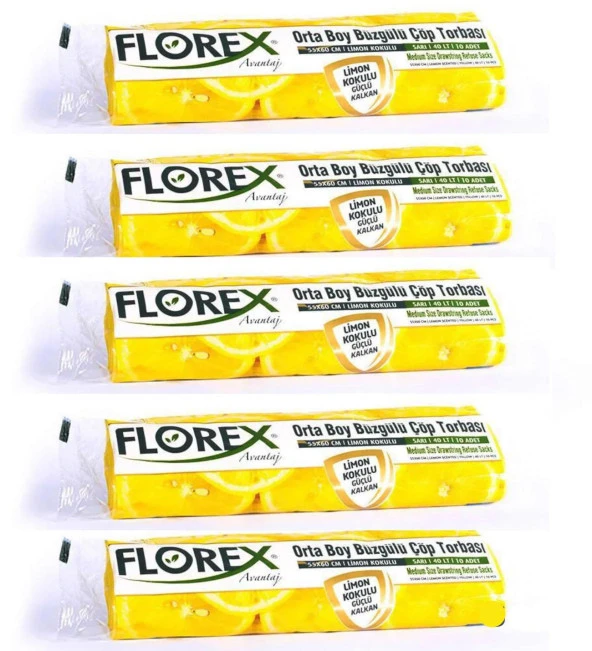 Florex 40 Litre Büzgülü Limon Kokulu Sarı Çöp Torbası Poşeti / 55 x 60 Cm. - 10 Adetlik 5 Rulo ürün görseli 1