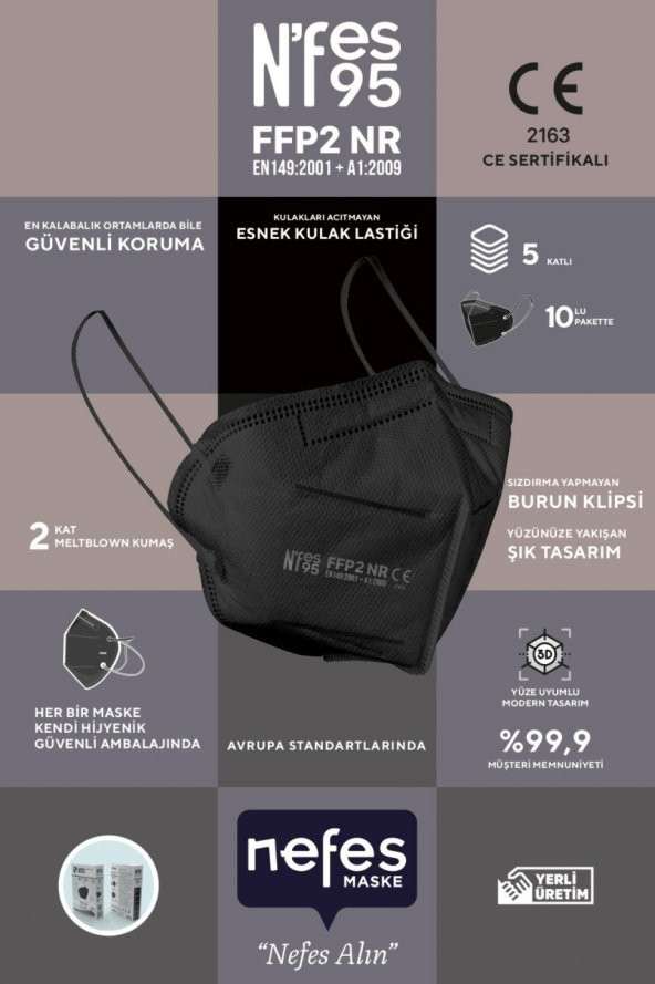 NEFES N95 SİYAH FFP2 MASKE 10LU - 1