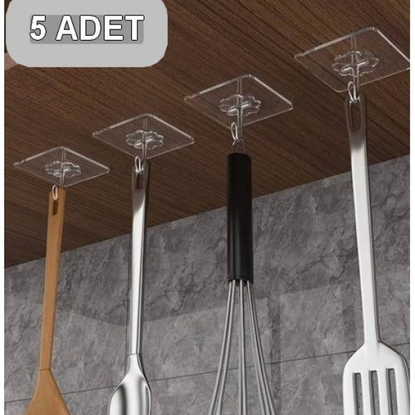 5 Adet 6x6cm Şeffaf Güçlü Kendinden Yapışkanlı Kapı Duvar Askıları Ağır Yük Taşıma - 2