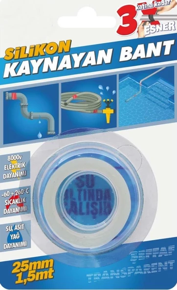 Silikon Kaynayan Çok amaçlı Bant Boru patlak Bandı 3Katına Kadar Esner Su Altında Uygulanabilir 25x1,5Mt-Şeffaf - 2