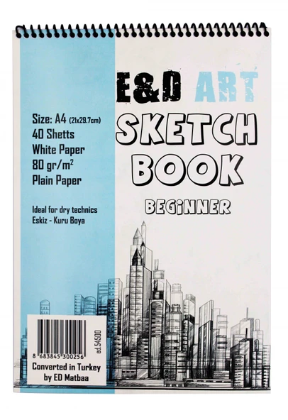 E&D Art Sketch Book Beginner A4 40yp 80gr Eskiz Çizim Defteri Üstten Spiralli / ed.54500