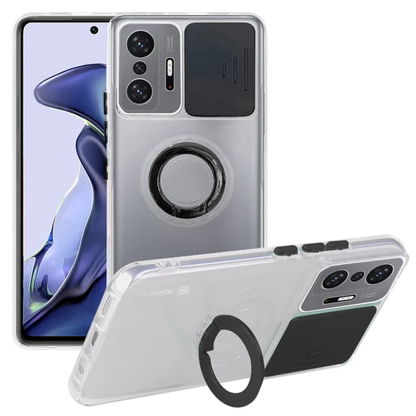 Xiaomi 11T - 11T Pro 5G Kılıf Sürgülü Kamera Lens Korumalı Yüzük Standlı Silikon Kılıf