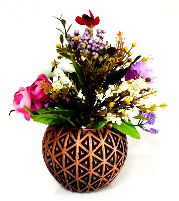 Otantik Bronz Vazoda Kır Çiçekli Yapay Çiçek