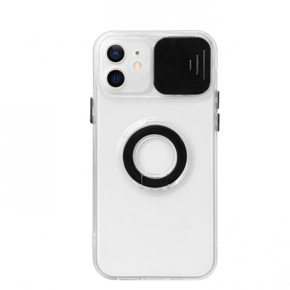 iPhone 11 6.1inç Kılıf Sürgülü Kamera Lens Korumalı Yüzük Standlı Silikon Kılıf