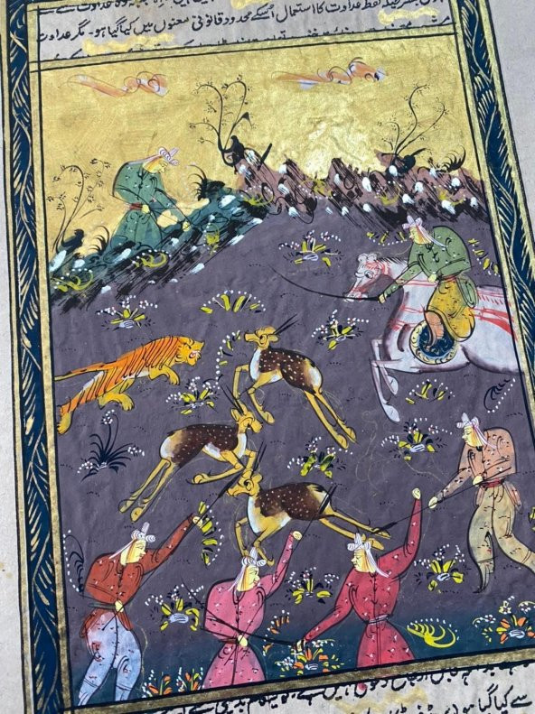 Kaplanla Geyiğin Mücadelesi Temalı El Yapımı Minyatür Resim 28x17 cm - 4
