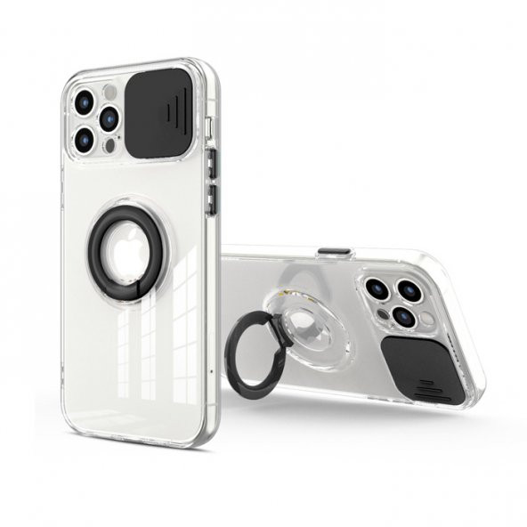 iPhone 13 Pro Max 6.7inç Kılıf Sürgülü Kamera Lens Korumalı Yüzük Standlı Silikon Kılıf