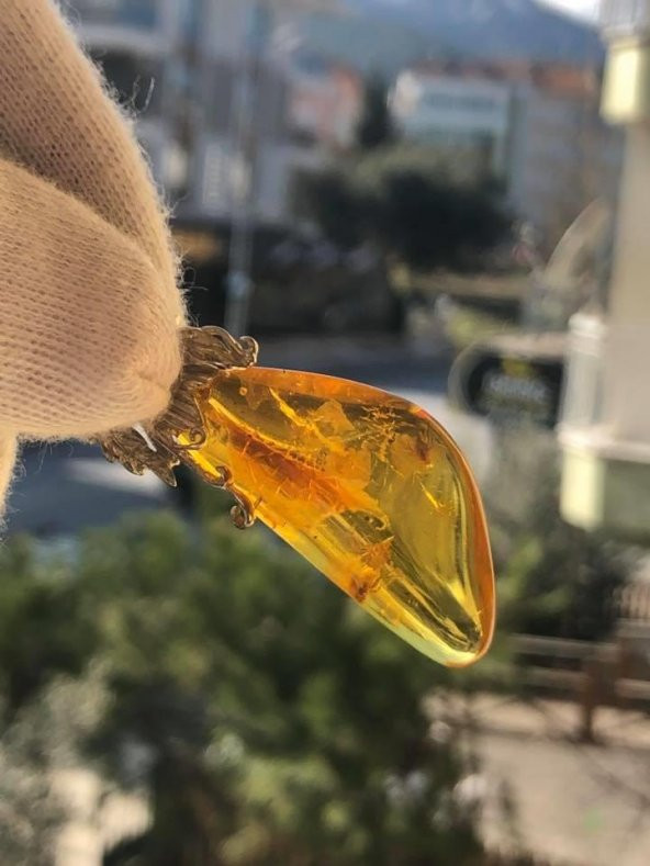 Fosilli Doğal Kaya Damla Kehribar Kolye Ucu Gümüş Aparatlı 5.80 Gram - Sinek Karınca vs Fosilli Kehribar Taş - 2
